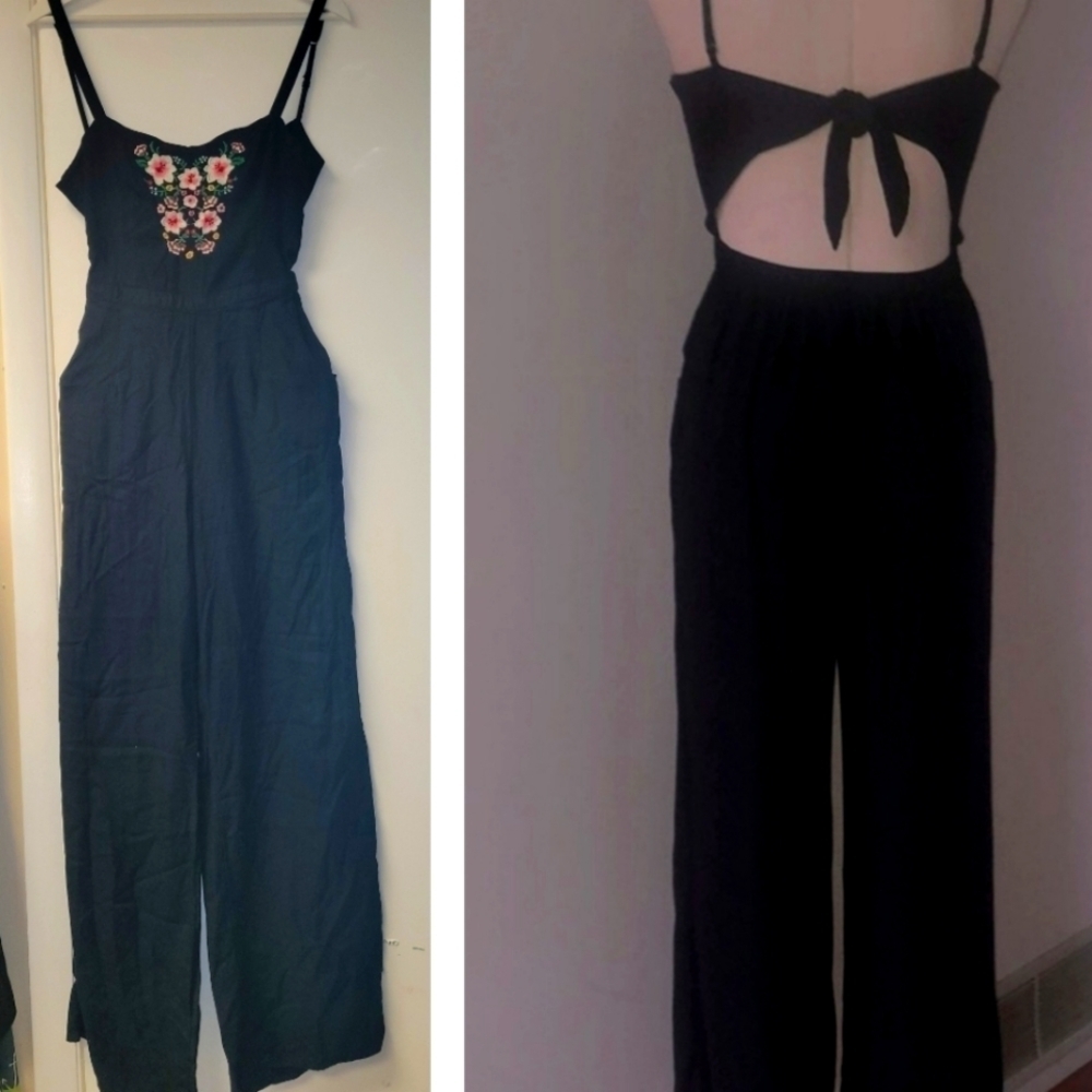 Hollister Floral Embroidered Black Jumpsuit Open Tie Back Elastic Waist Size S